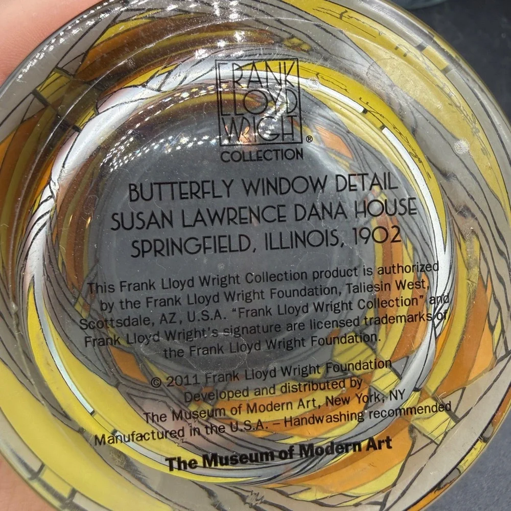Frank Lloyd Wright MoMA Butterfly Window Glass Set of 3 Blue Yellow Whiskey - Picture 7 of 9